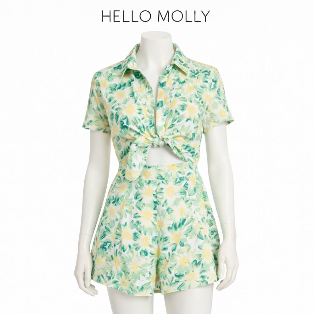 Hello Molly Ruby Seas Green/White/Yellow Floral Midriff Cut Out Romper- US6